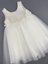 Load image into Gallery viewer, Dress 85 Girls Baptismal Christening Sleeveless Dress with new Silver Glitter, French lace across the chest, accented with Pearl flowers, matching Bolero and Hat. Made in Greece exclusively for Rosies Collections. 202585
