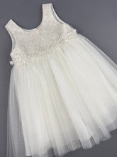 Load image into Gallery viewer, Dress 55 Girls Baptismal Christening Sleeveless Dress with new Silver Glitter, French lace across the chest, accented with Pearl flowers, matching Bolero and Hat. Made in Greece exclusively for Rosies Collections.
