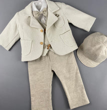 Load image into Gallery viewer, Rosies Collections 7pc full suit, Dress shirt with cuff sleeves, Bow Tie, Pants, Jacket with Matching Vest with Wooden Buttons,  Belt or Suspenders &amp; Cap. Made in Greece exclusively for Rosies Collections S202336
