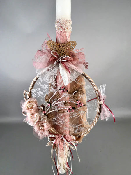 Dream Catcher Baptismal Candle with Lace, Ribbons and Pearls GC202218