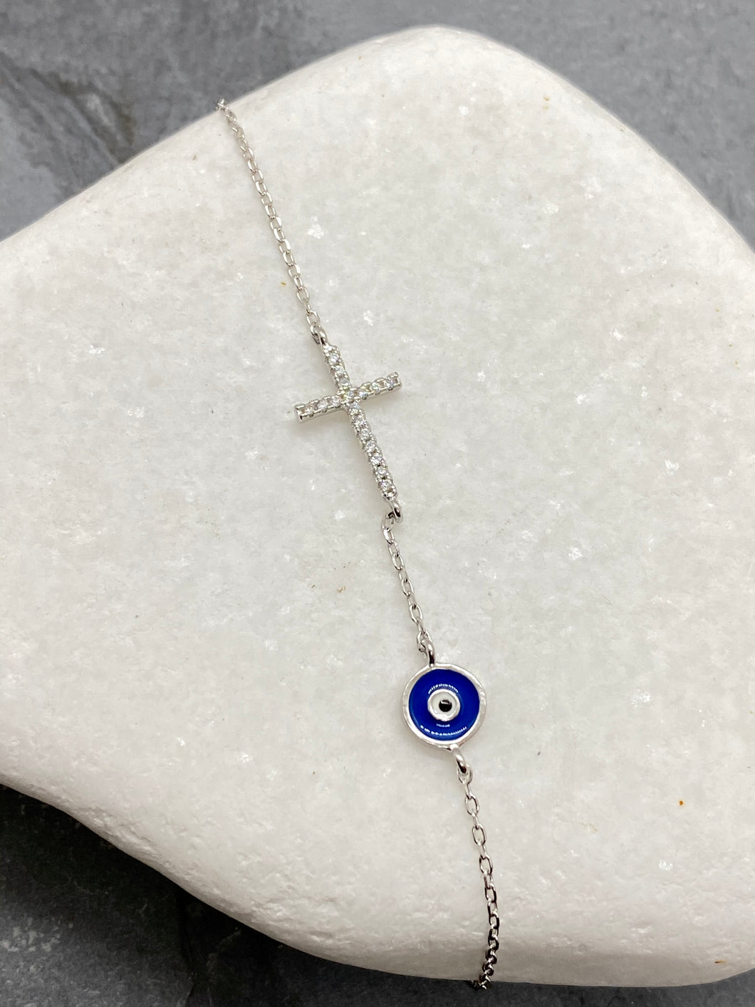 925” Sterling Silver Bracelet with Rhinestone Cross and Evil Eye Mati SB1