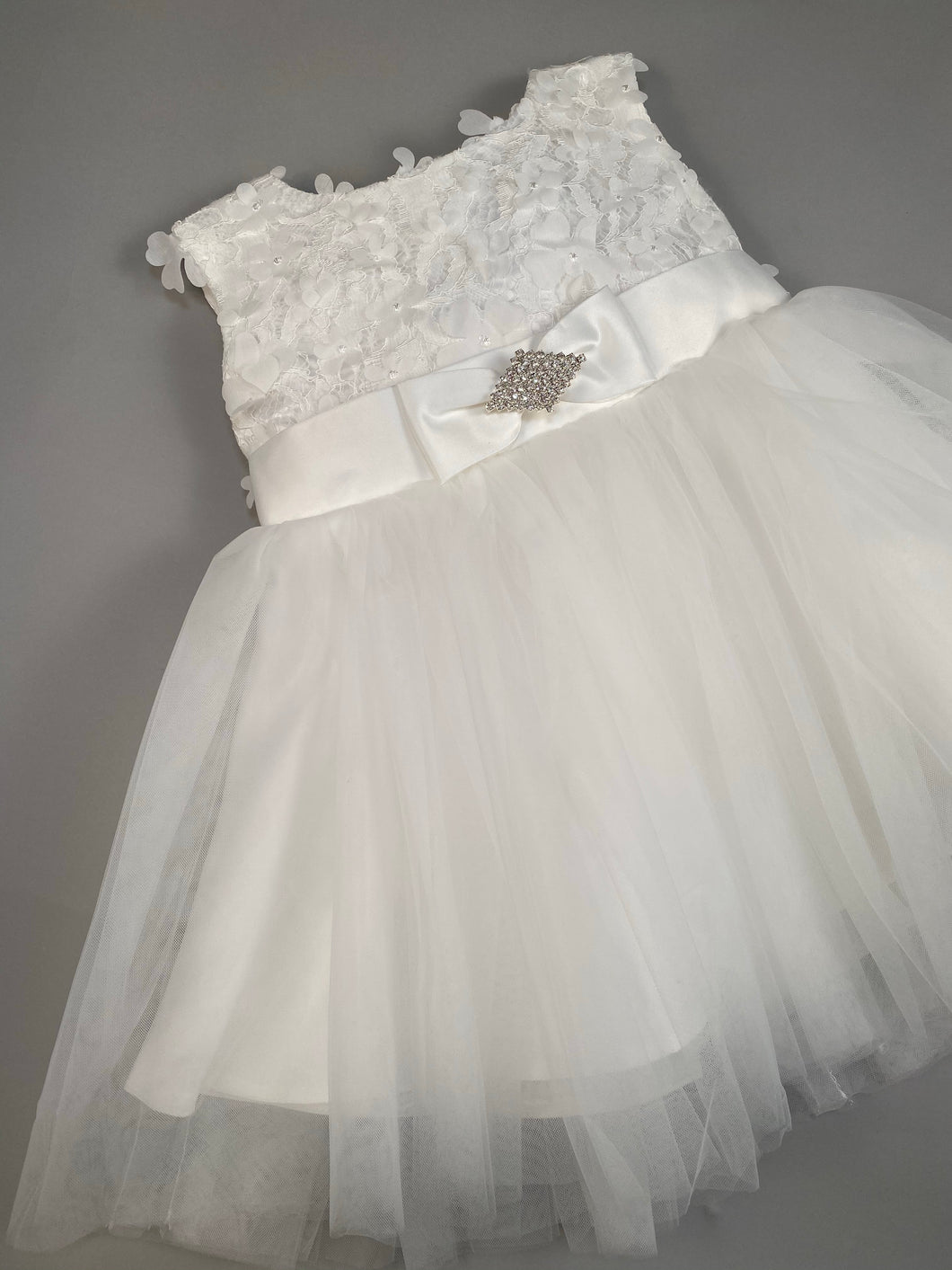 Dress 7 Girls Christening Baptismal Embroidered Dress with Rhinestone Broach