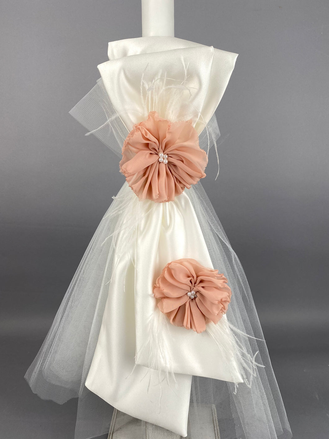 White Satin Double Bow 32” Baptismal Candle with Feathers, Dusty Rose Flowers   GC20222