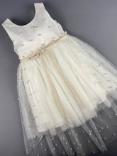 Load image into Gallery viewer, Dress 33 Girls Baptismal Christening Sleeveless 3pc Pearl Dress with removable skirt, matching Bolero and Hat. Made in Greece exclusively for Rosies Collections.
