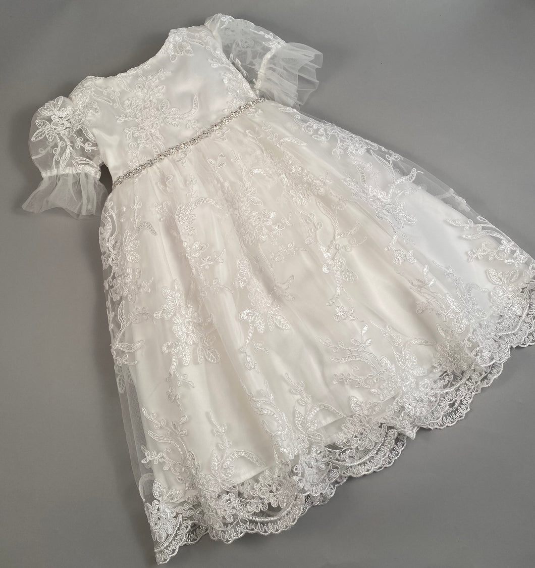 Lace Gown 1 Girls Christening-Baptismal Embroidered Lace Gown  with Rhinestone Belt Hat