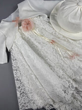 Load image into Gallery viewer, Dress 41 Girls Baptismal Christening Sleeveless  3pc French Lace Dress with long trail, matching Bolero and Hat. Made in Greece exclusively for Rosies Collections.
