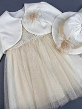 Load image into Gallery viewer, Dress 60 Girls Baptismal Christening Dress very light glitter dusty rose with sequence top, matching Bolero and Hat. Made in Greece exclusively for Rosies Collections.
