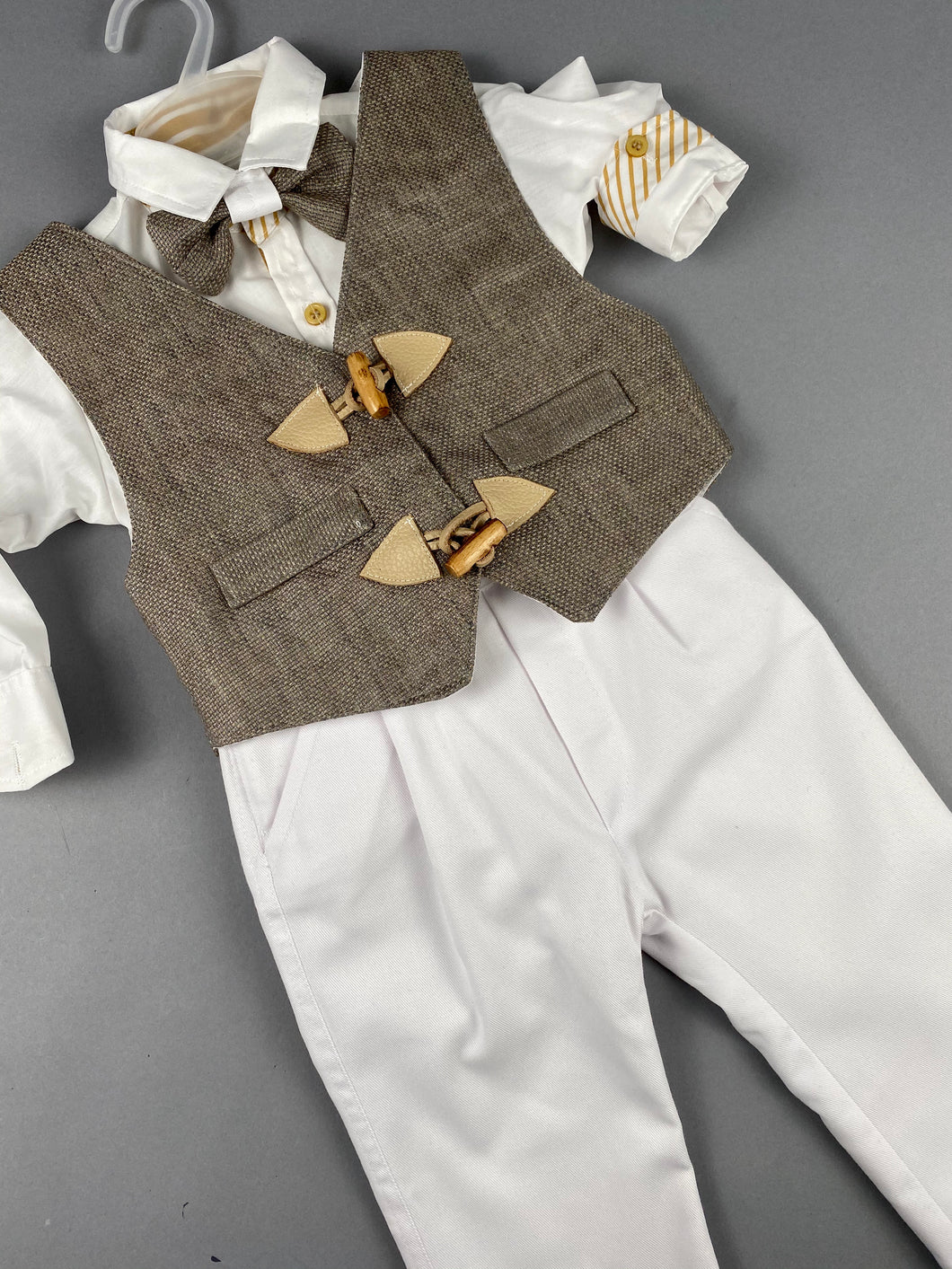 Rosies Collections 7pc full suit, Dress shirt trimmed  and cuff sleeves, Pants, Jacket with Matching Vest and wooden buttons, Belt or Suspenders, Cap. Made in Greece exclusively for Rosies Collections S20192