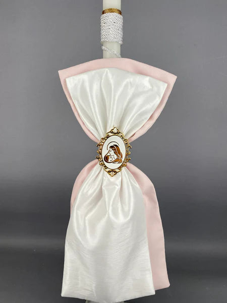 2 Tone Fabrics with Large Metal Mother Mary Icon Baptismal Candle GC202211