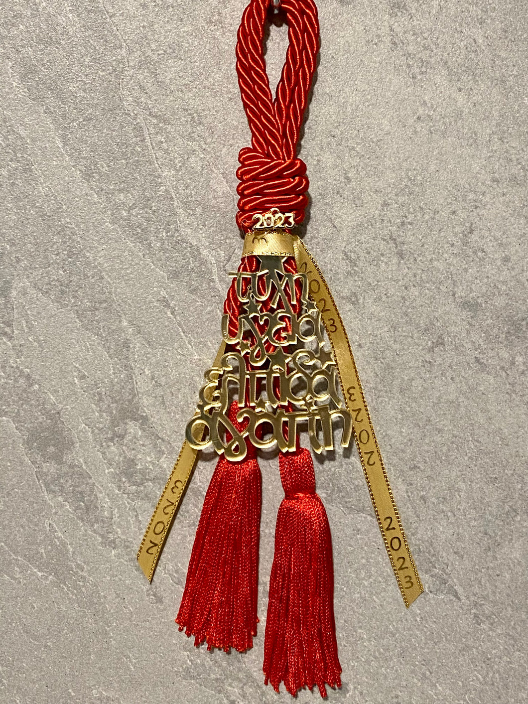 Good Luck, Health, Love Acrylic Tree Gouri, Double Tassel with Charms and Ribbon G233436