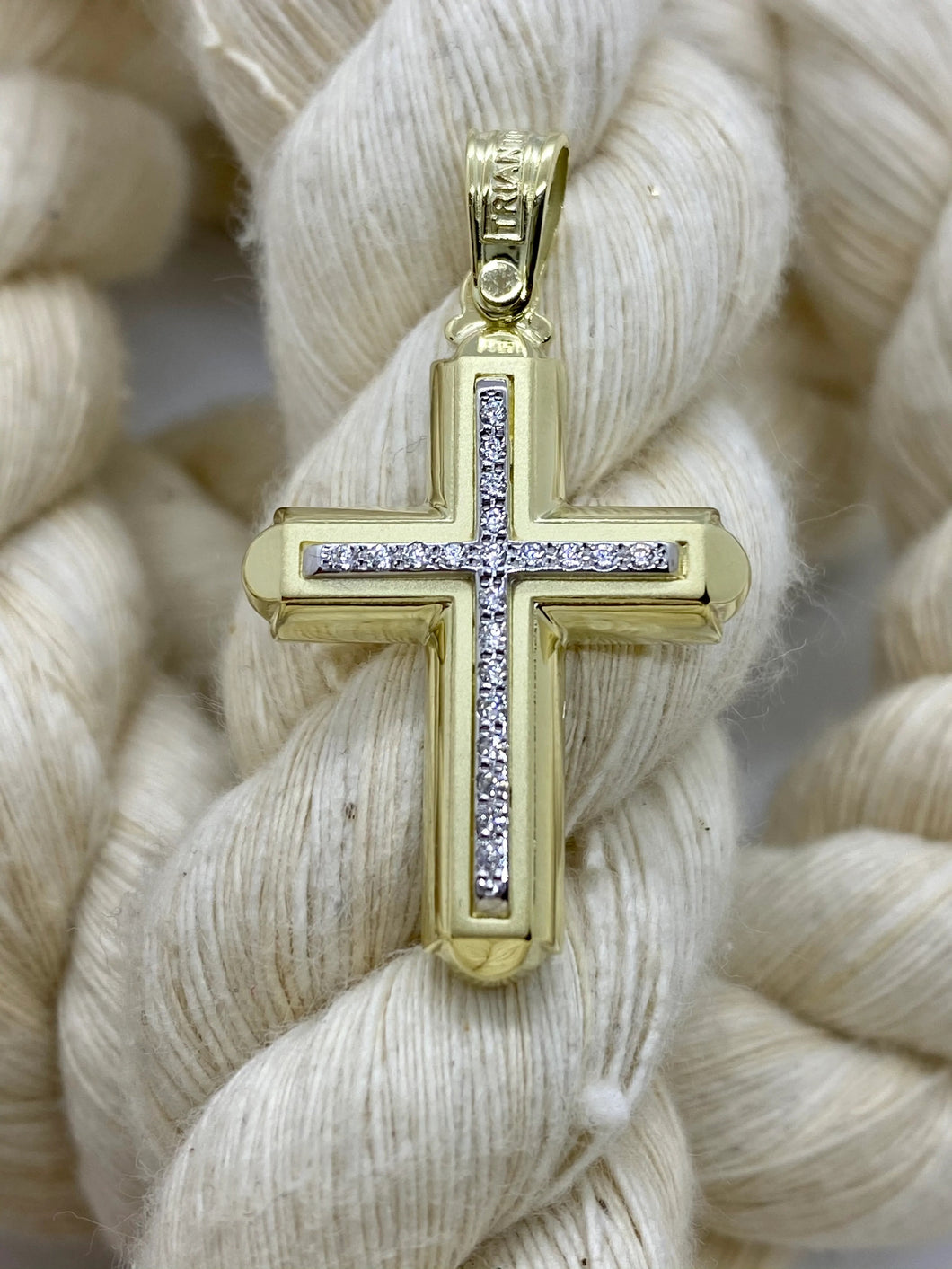 Triantos 14k Yellow Gold Polished and Brushed Cross with Precious Stones 222421
