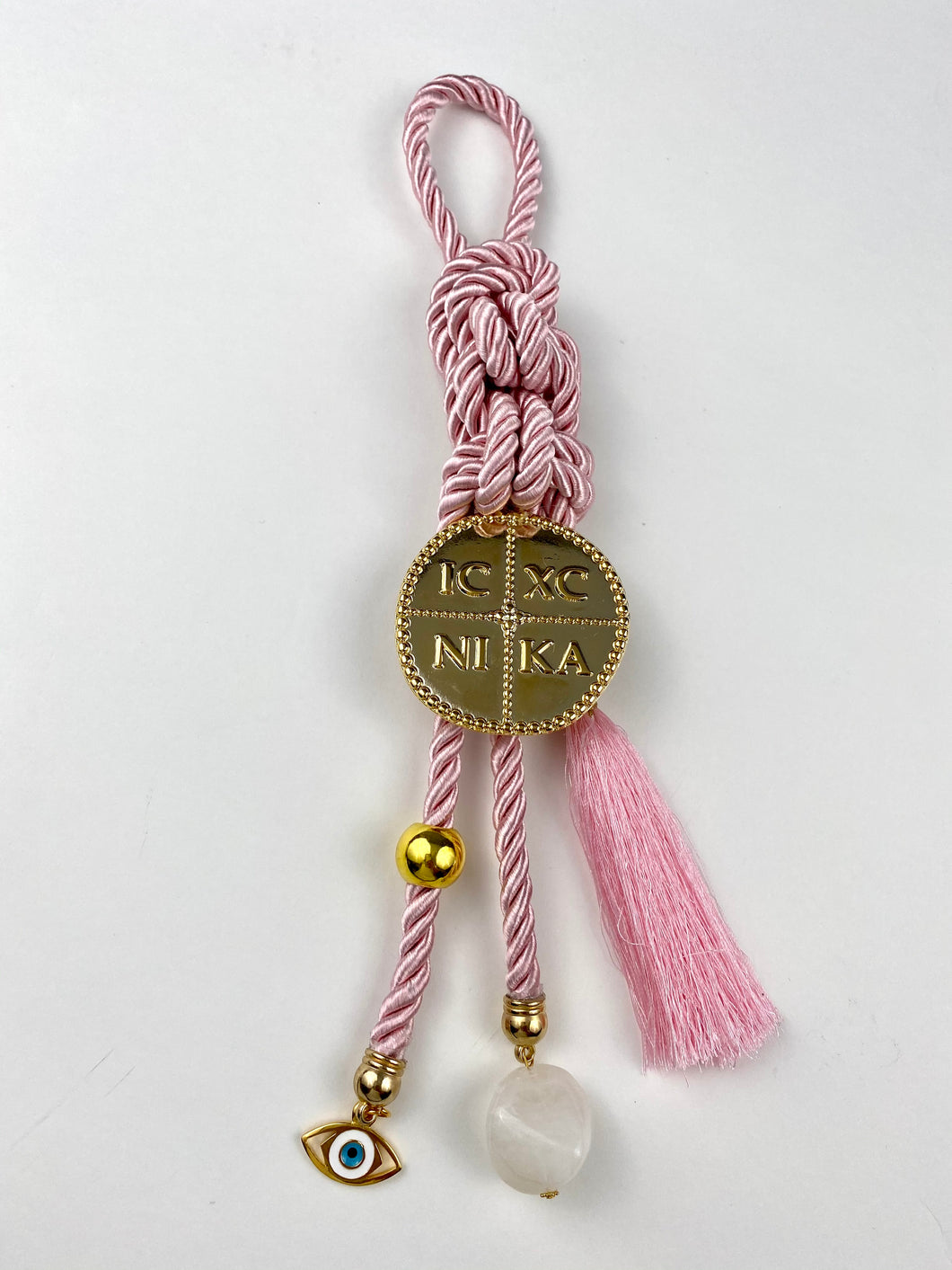 Gouri 20205 Pink Cord with Large Konstantinata, Mati Pendant and Large Rock Bead