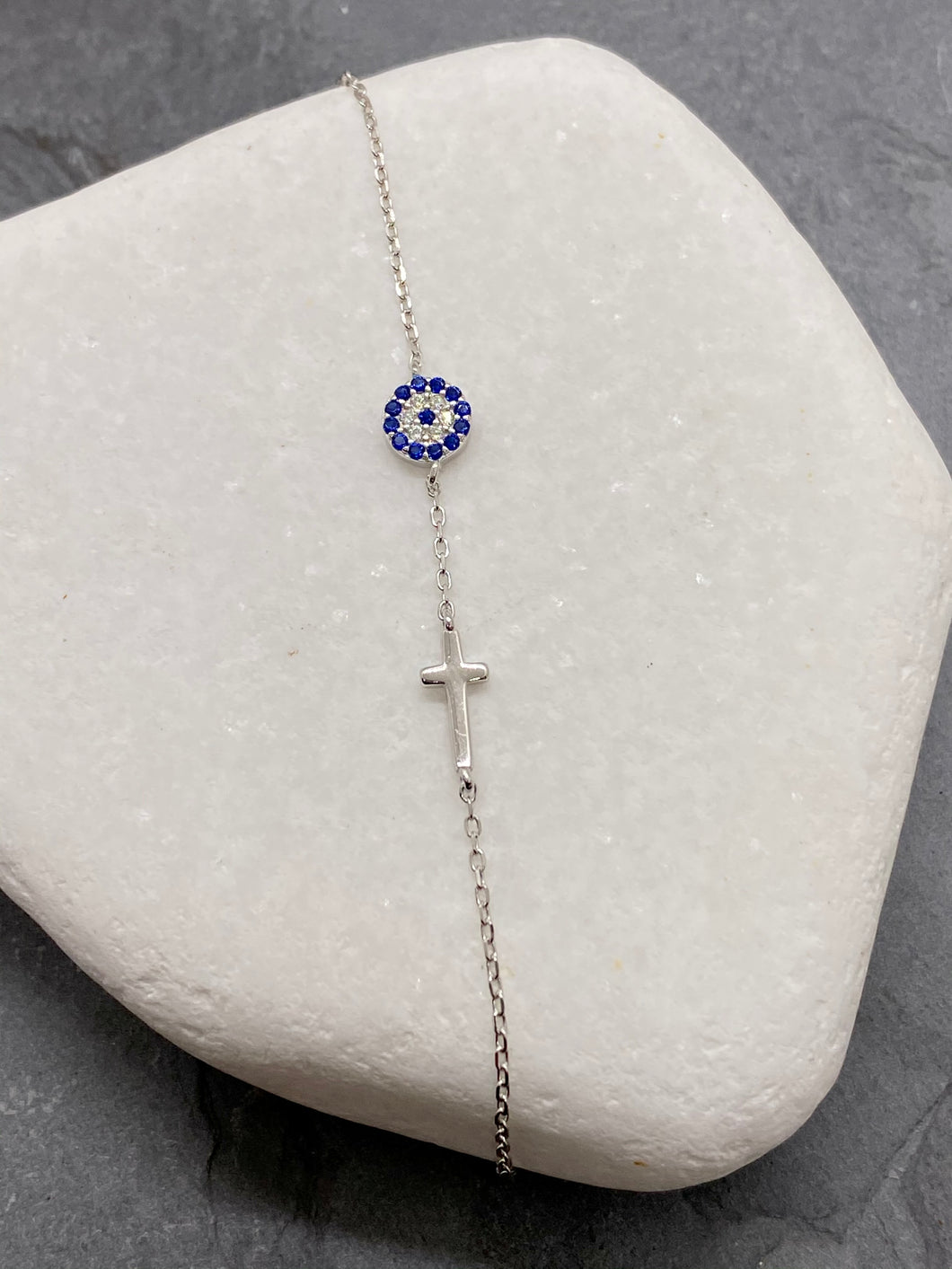 925” Sterling Silver Evil Eye Mati with Rhinestones and Silver Cross SB13