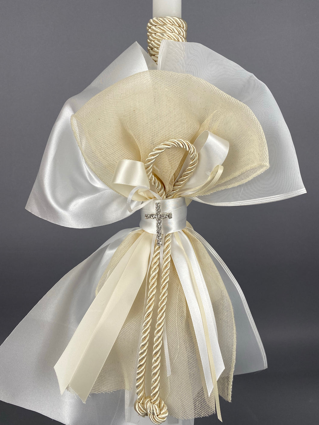 Light Burlap Baptismal Candle with Ivory Cords and Rhinestone Cross GC202216