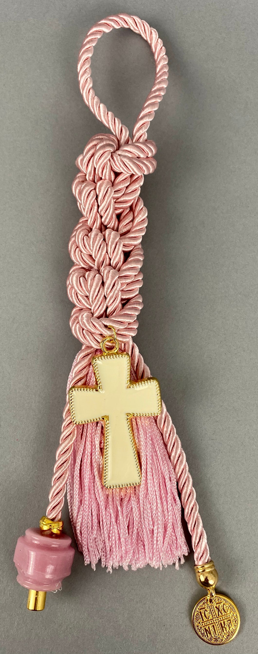 Gouri 1005 Pearl Baby Pink Cord Gouri, large metal Cross, double sided Konstantinata pendant, large glass beads and extra long Tassel.  Measures 13.5” in length.