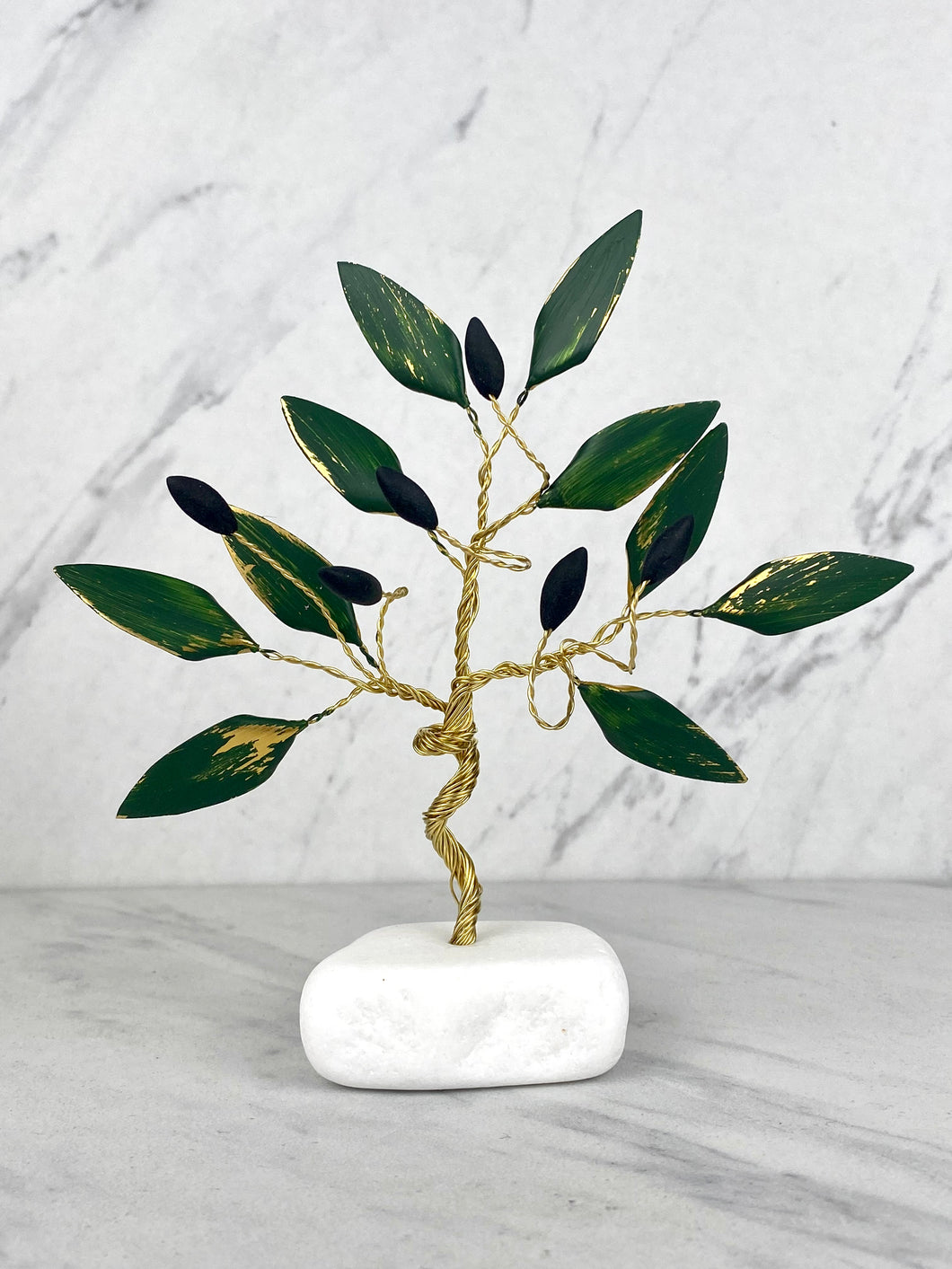 Handle Made Bronze Olive Tree with Green Leaves and Olives on Marble Base T04979