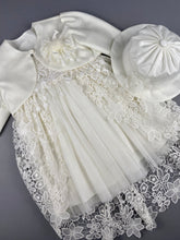 Load image into Gallery viewer, Dress 43 Girls Baptismal Christening Sleeveless  3pc French Lace Dress with trail, matching Bolero and Hat. Made in Greece exclusively for Rosies Collections.
