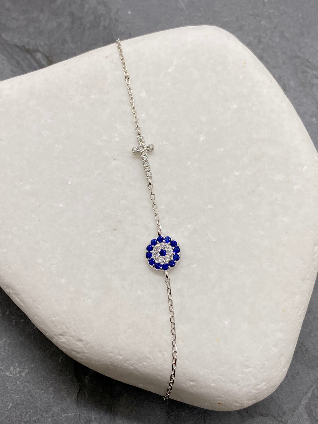 925” Sterling Silver Evil Eye Mati with Cross and Rhinestones SB11