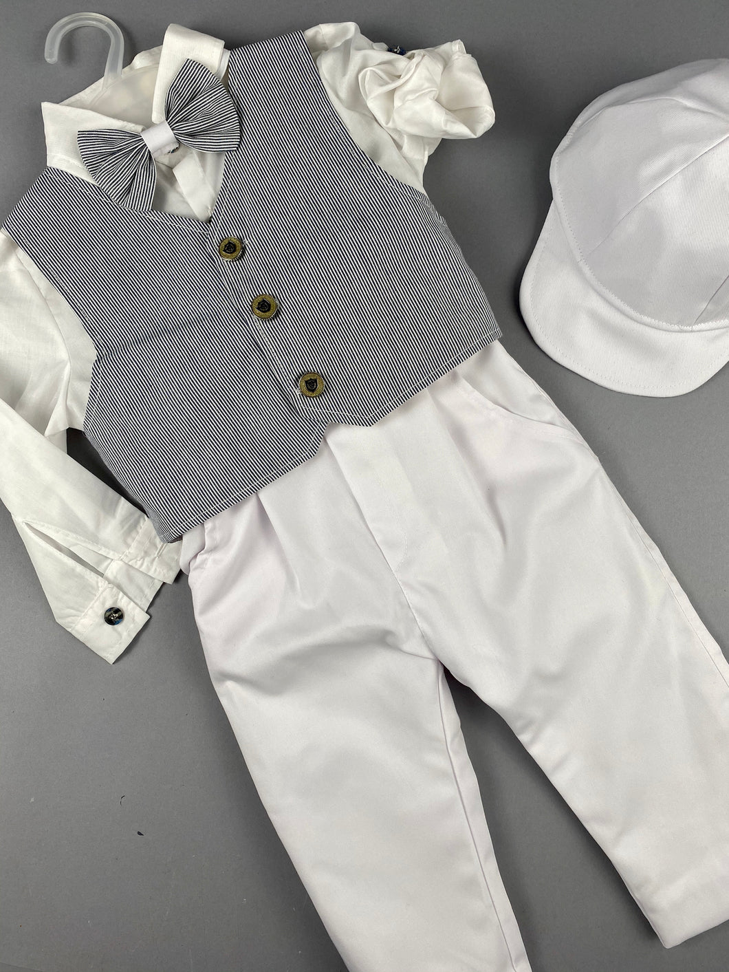 Rosies Collections 7pc full suit, Dress shirt With Cuff sleeves, White Pants, Navy Blue Pinstripe Jacket, Vest, Belt or Suspenders, Cap. Made in Greece exclusively for Rosies Collections S201911