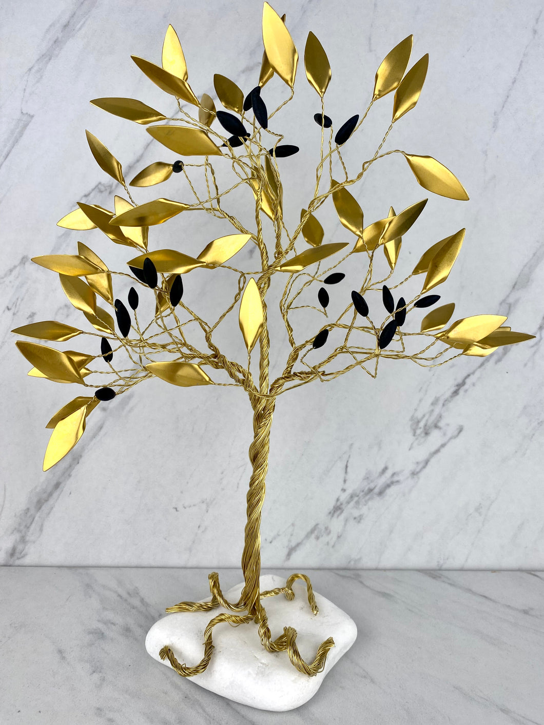 Handle Made Bronze Olive Tree with Gold  Leaves and Olives on Marble Base T0103502