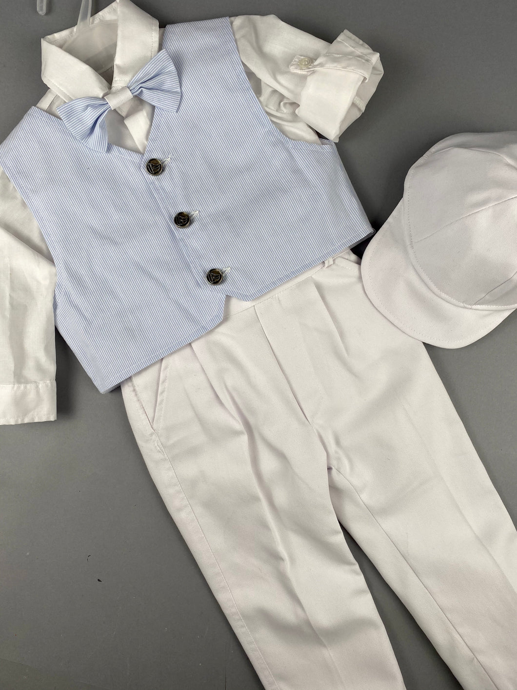 Rosies Collections 7pc full suit, Dress shirt with cuff sleeves, White Pants, Baby Blue Pinstripe Jacket, Belt or Suspenders, Cap. Made in Greece exclusively for Rosies Collections S20196