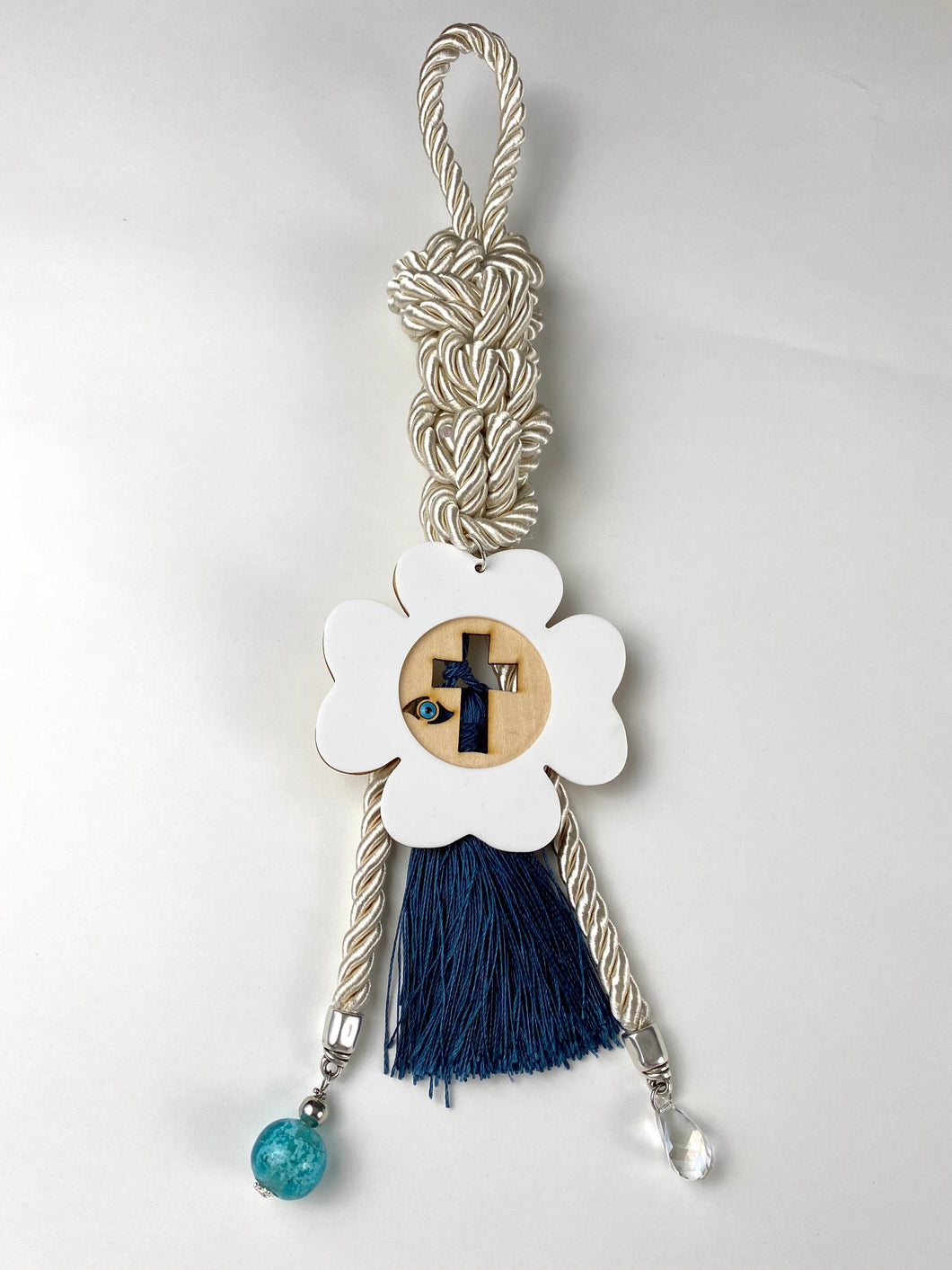 Gouri 1028 Pearl cord Gouri, large acrylic 4 leaf clover cross with Mati bead, Murano glass beads, with large tassel. 15” in length