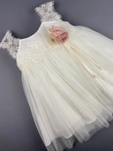Load image into Gallery viewer, Dress 24 Girls Baptismal Christening Sleeveless  3pc Lace Top Dress, with matching Bolero and Hat. Made in Greece exclusively for Rosies Collections.
