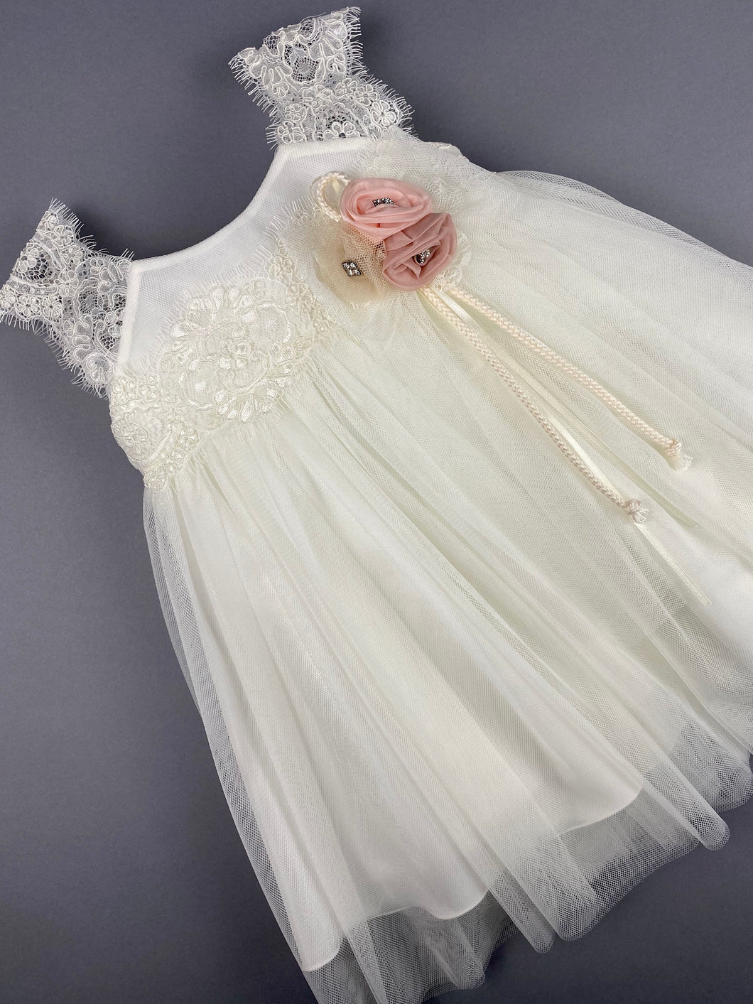 Dress 24 Girls Baptismal Christening Sleeveless  3pc Lace Top Dress, with matching Bolero and Hat. Made in Greece exclusively for Rosies Collections.