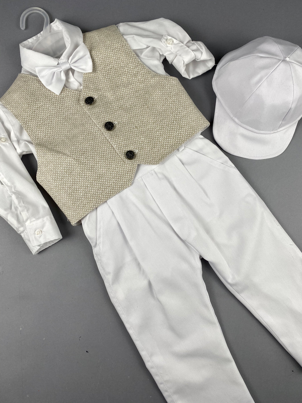 Rosies Collections 7pc full suit, Dress shirt with cuff sleeves, Pants, Jacket with Matching Vest, Belt or Suspenders, Cap. Made in Greece exclusively for Rosies Collections S201930