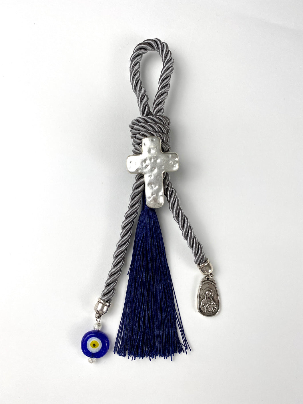 Gouri 1035 Pearl cord Gouri, Metal Cross, Mati bead, Panagia/Ag. Christoforos pendant.  10”  length