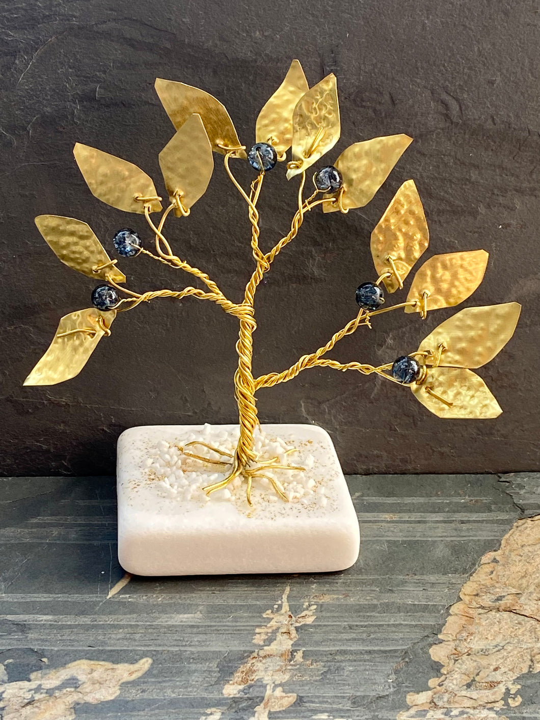 Hand Made Hammered Bronze Olive Leaf Tree with Green Murano Glass on Marble Base OTH2