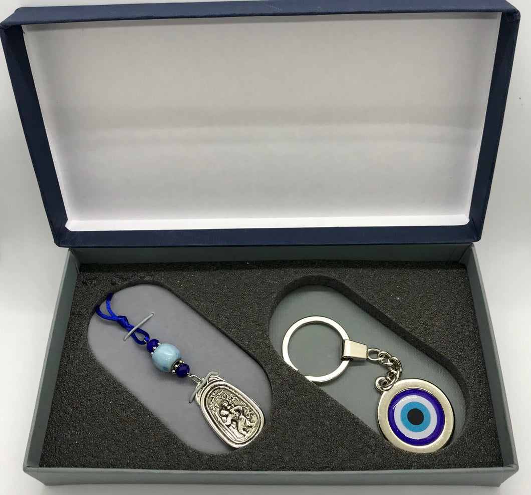 Gift Box Set 6 Mati Evil Eye Keychain with Xristoforis Panagia Hanging Pendant