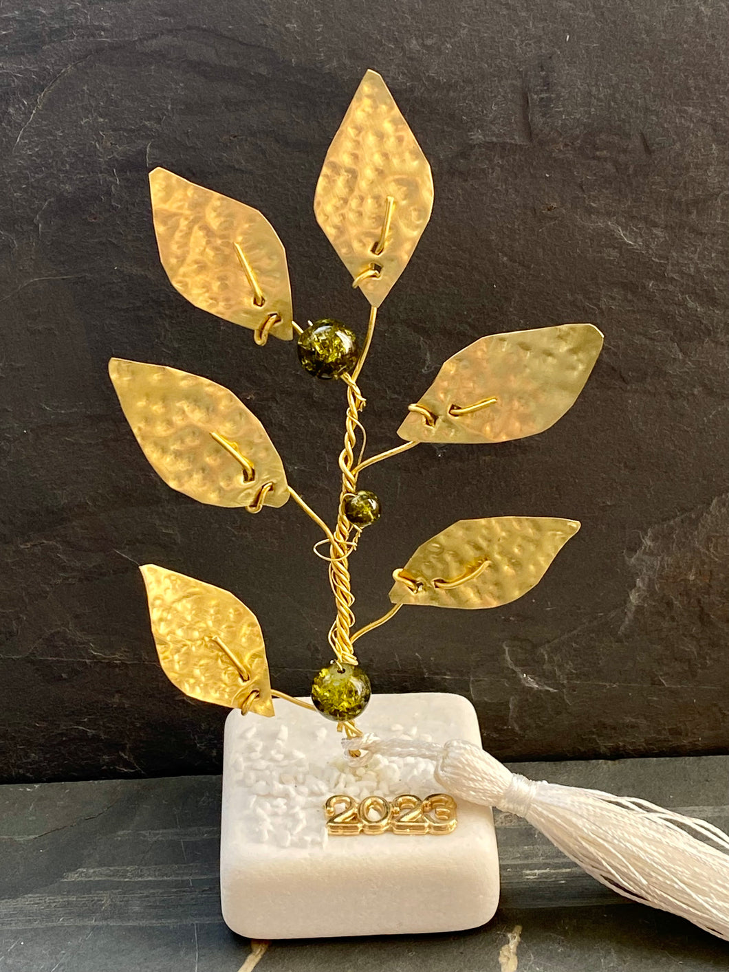 Hand Made Hammered Bronze Olive Leaf Tree with Green Murano Glass on Marble Base OTH1