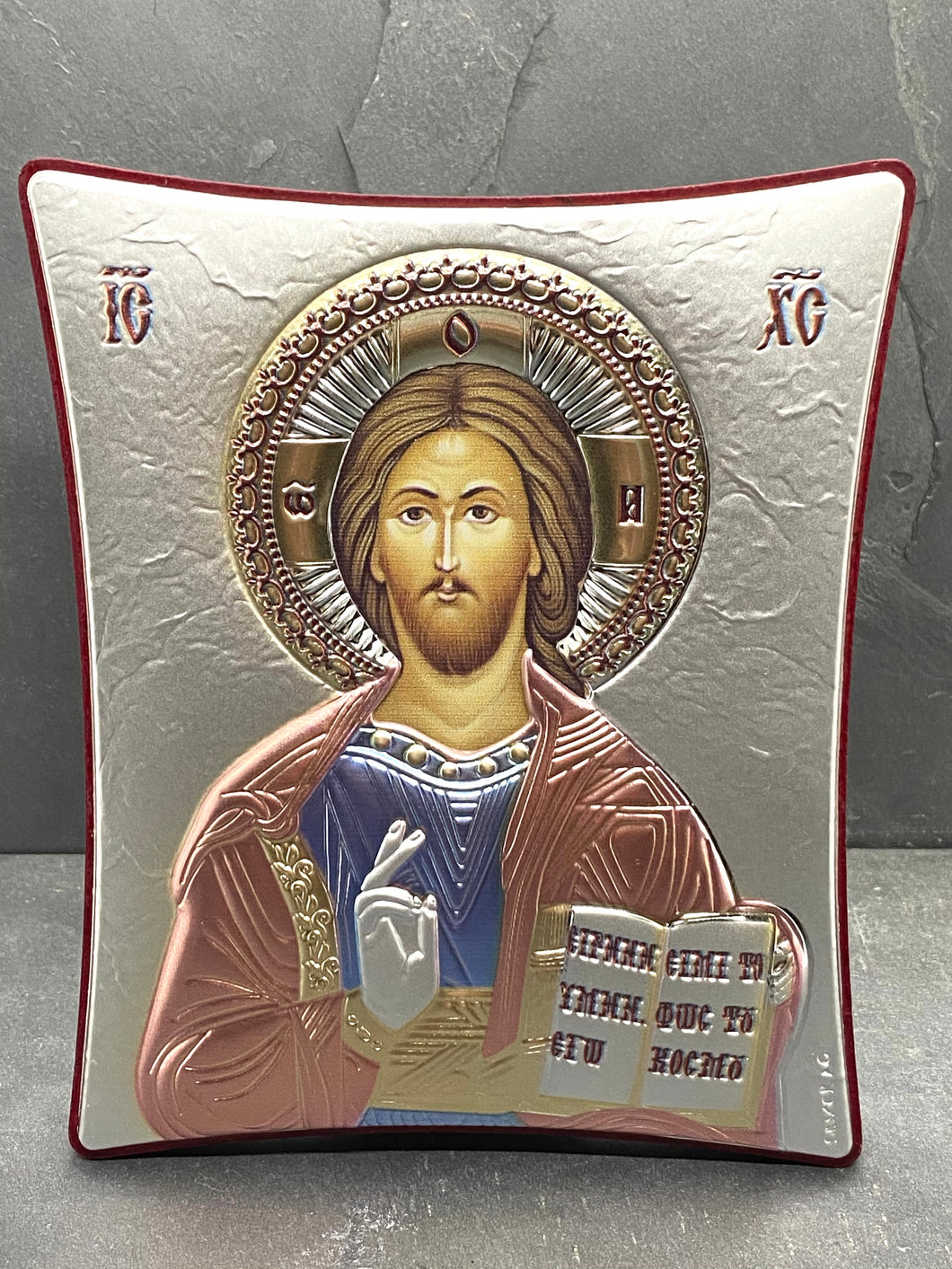 An original copy of Byzantine Holy Icon Jesus made with 925* Silver on Cherry Wood SI33