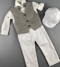 Load image into Gallery viewer, Rosies Collections 7pc full suit, Dress shirt with cuff sleeves, Bow Tie, Pants, Jacket with Matching Vest,  Belt or Suspenders &amp; Cap. Made in Greece exclusively for Rosies Collections S201928
