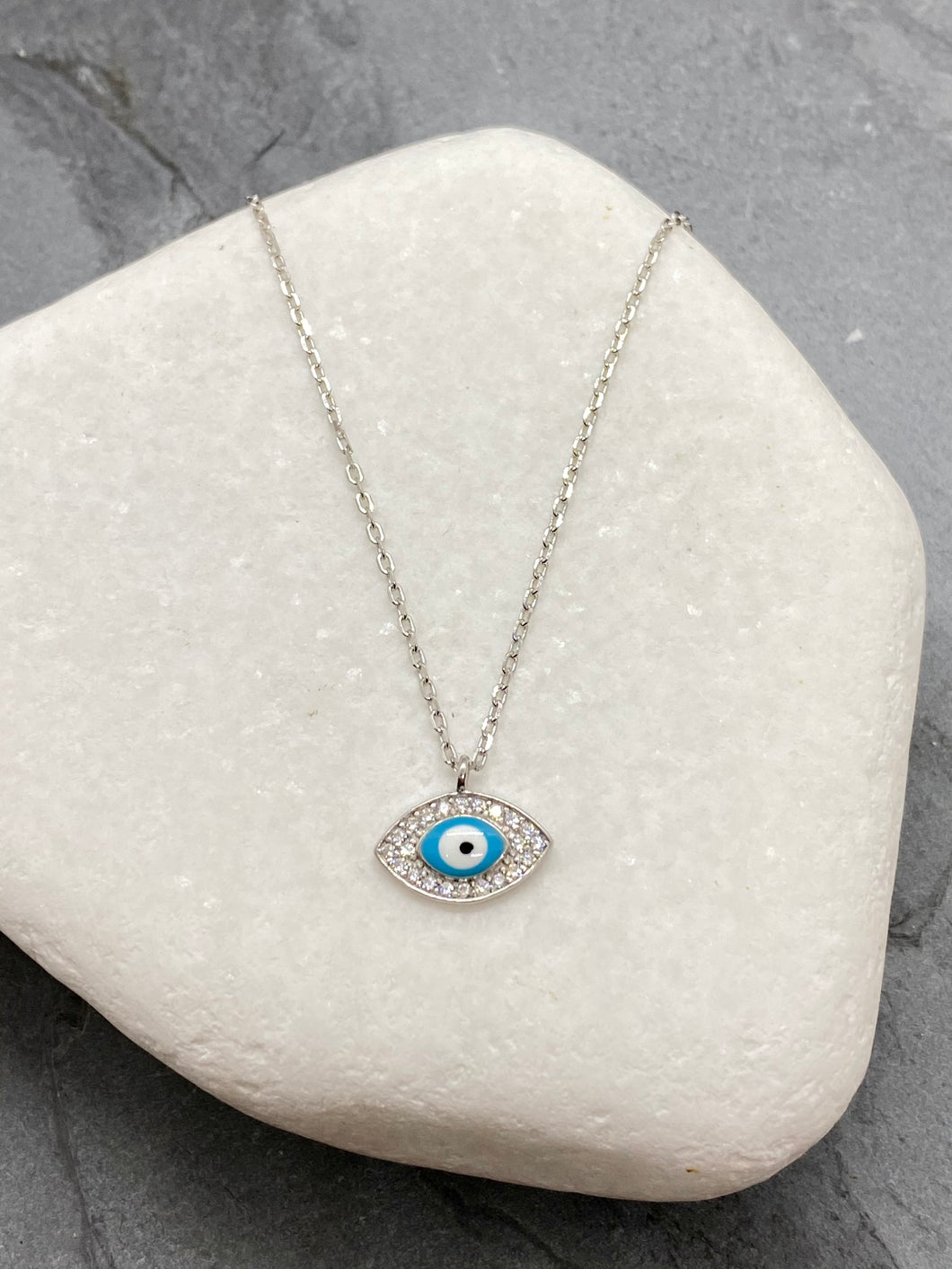 925” Sterling Silver Evil Eye Mati Necklace with Rhinestones SN5