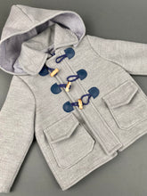 Load image into Gallery viewer, Grey with Navy Blue Trim Cashmere Blend Coat with Zipper, Wooden Buckles and Removable Hoodie  BC2
