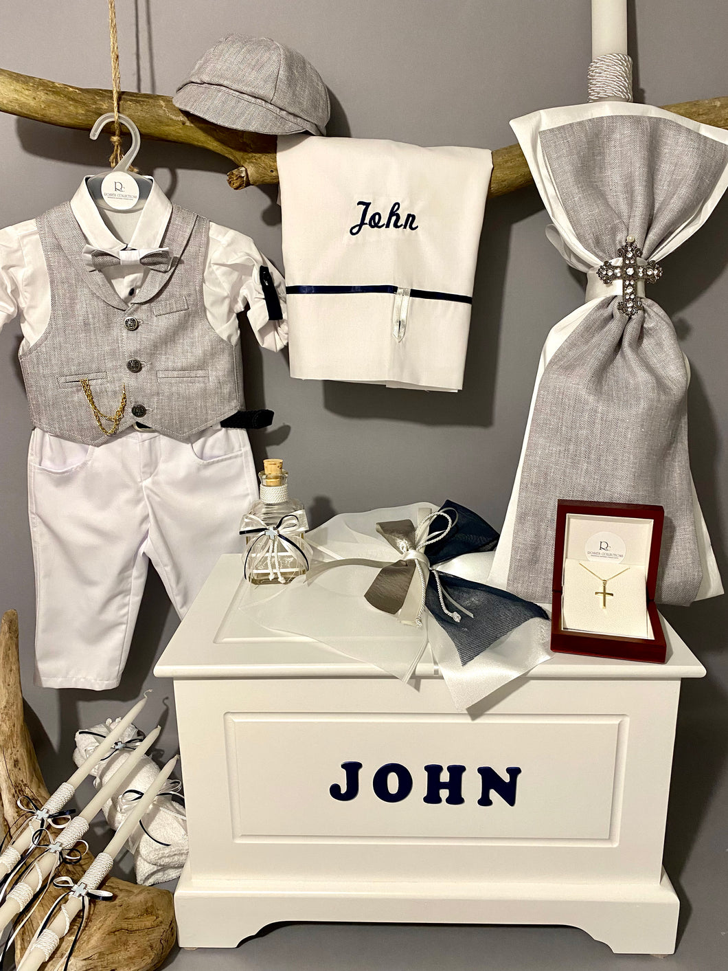 Baptism Package Grey with Navy Blue Accents, Triantos Gold Cross and Personalized Treasure Chest BBP3