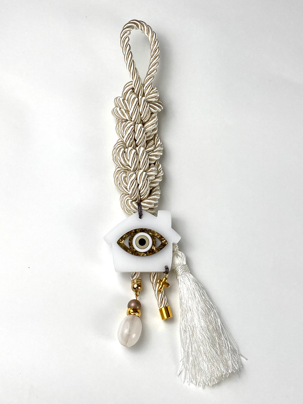 Gouri 1026 Ivory pearl cord Gouri with large acrylic Evil eye, Murano glass bead and metal cross. 14” length