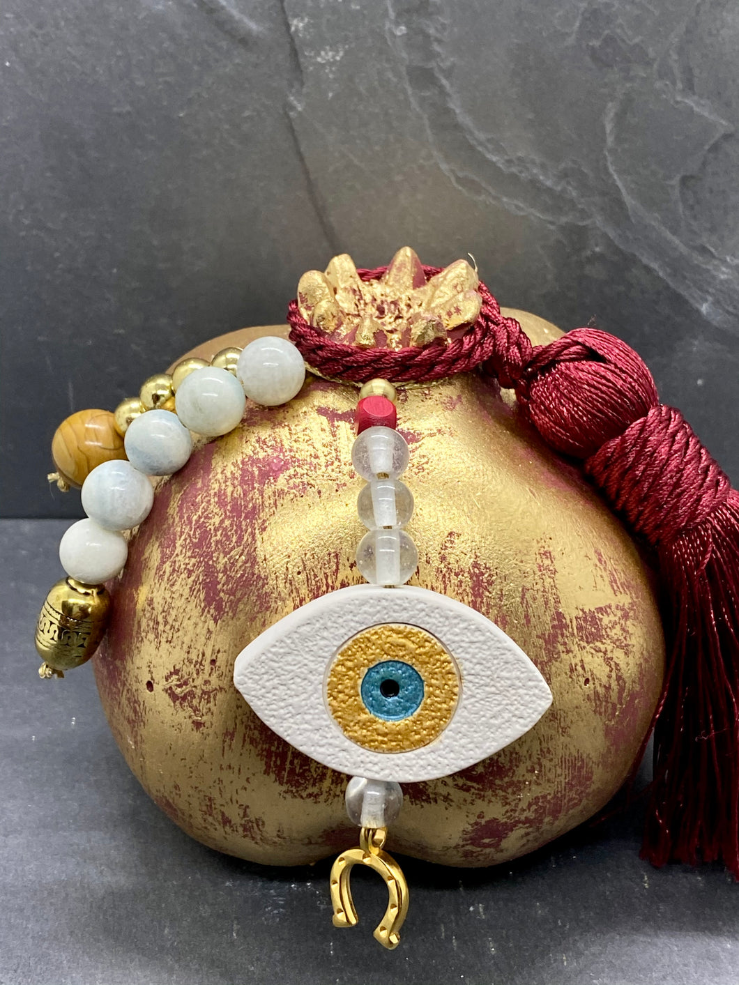 Large Ceramic Two Tone Gold Red Ceramic Pomegranate with Ceramic Mati, Glass Beads and Large Tassel
