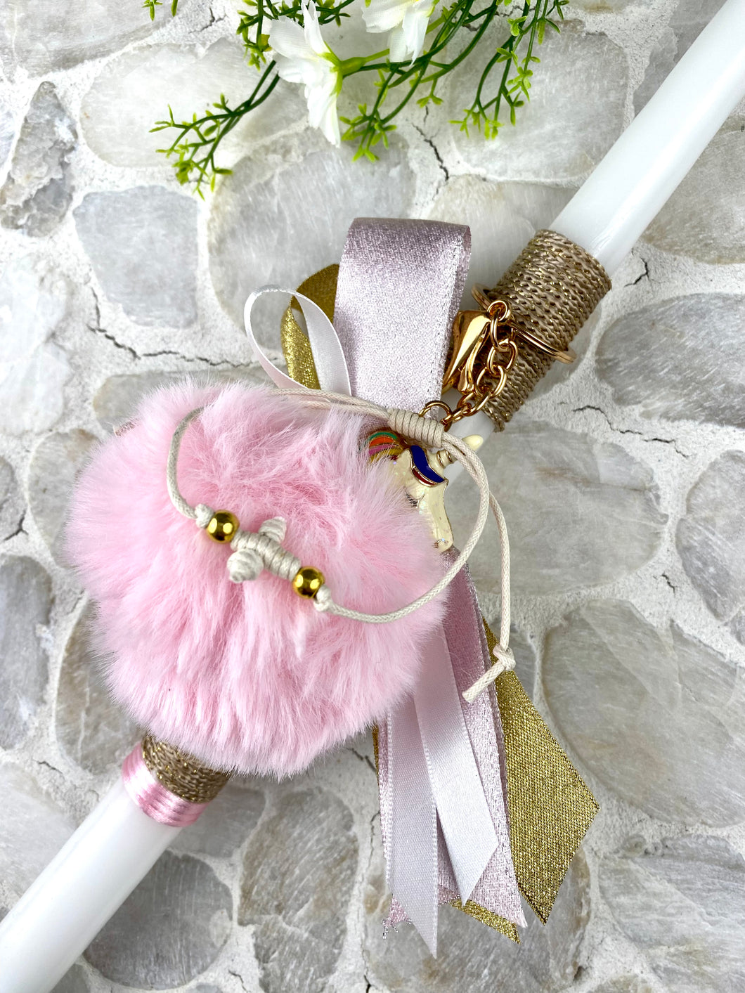 Corded Easter Candle Double Mirror Pink Pompom with Keychain and Cross Bracelet EC202372
