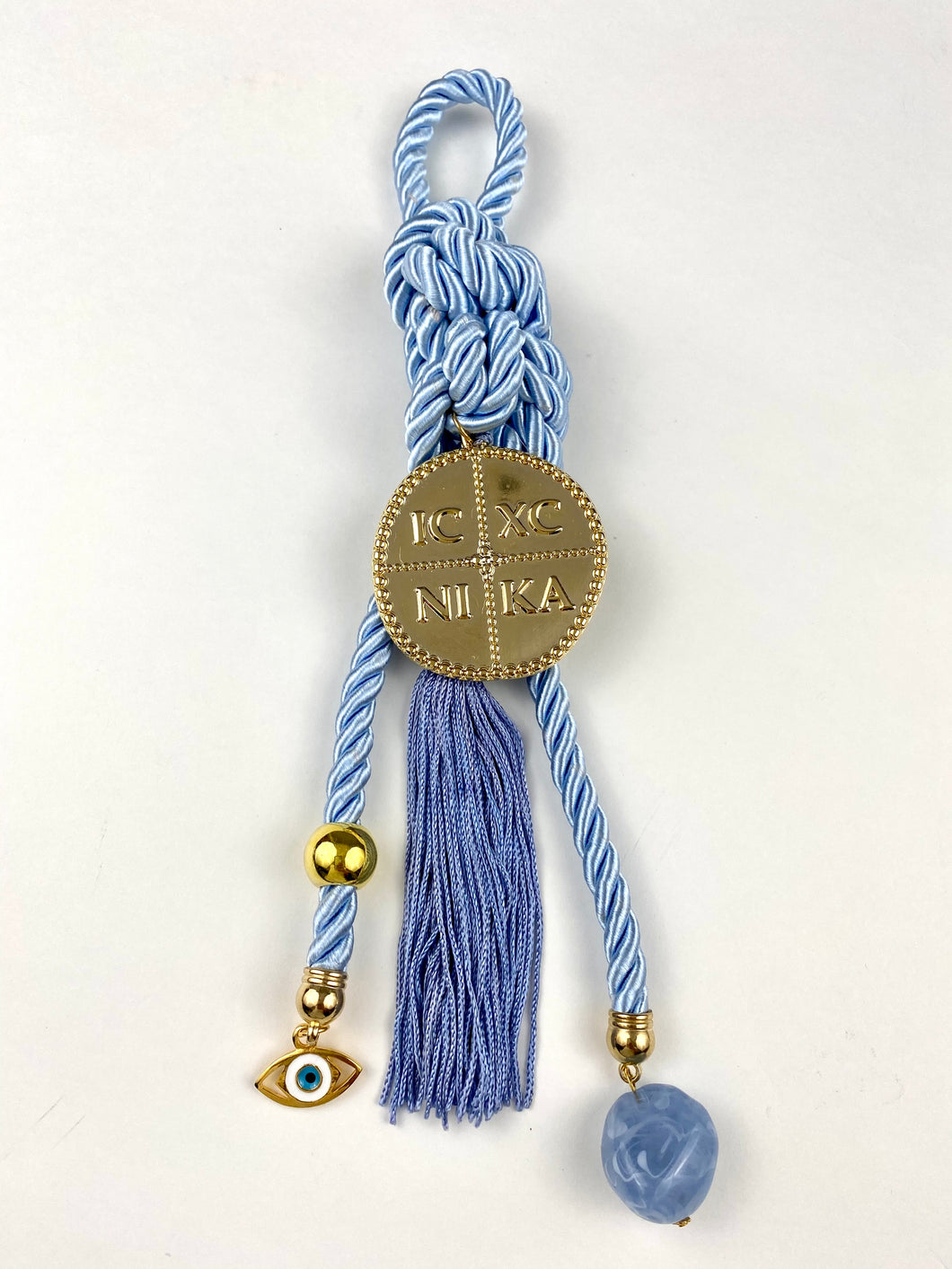 Gouri 20203 Baby Blue Cord with large Metal Konstantinata, Metal Evil Eye and Large Murano Bead