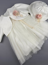 Load image into Gallery viewer, Dress 24 Girls Baptismal Christening Sleeveless  3pc Lace Top Dress, with matching Bolero and Hat. Made in Greece exclusively for Rosies Collections.
