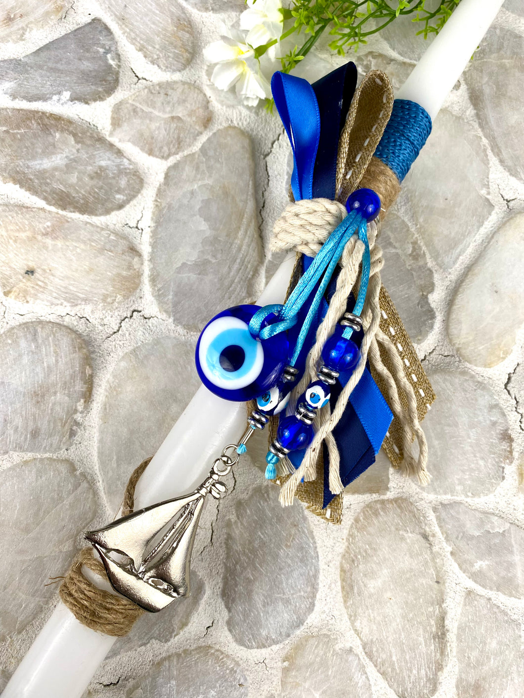 Corded Easter Candle with  Mati and Metal Sailboat Keychain EC202312
