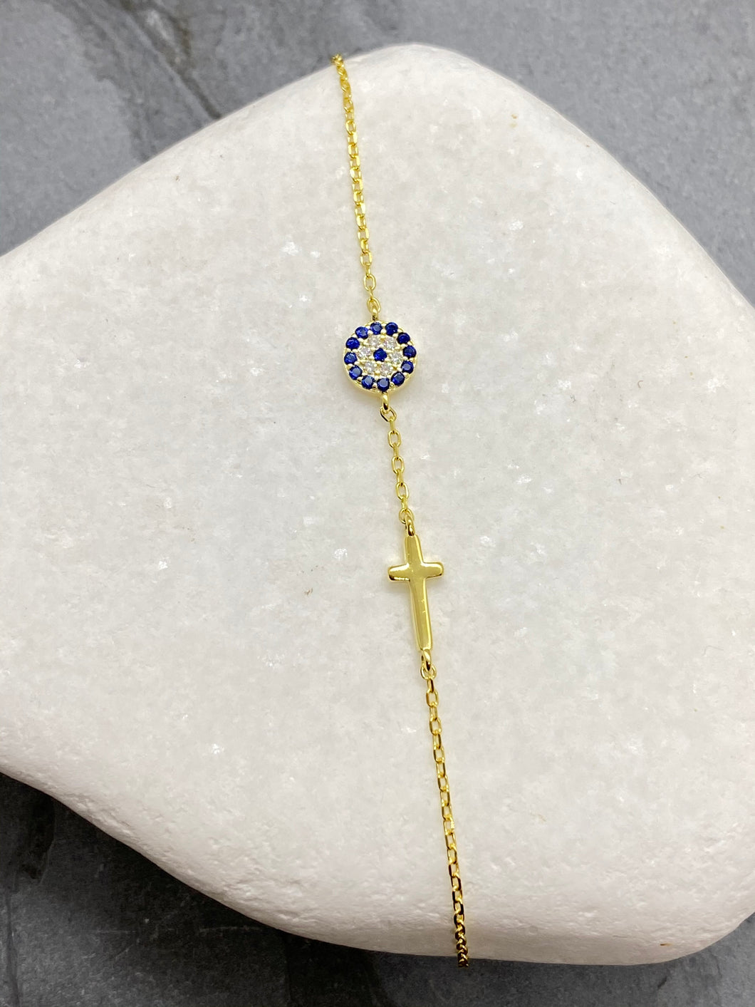 925” Sterling Gold Evil Eye Mati Bracelet with Rhinestones and Cross
