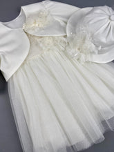 Load image into Gallery viewer, Dress 61 Girls Baptismal Christening Dress with French lace sequence top and glitter skirt, matching Bolero and Hat. Made in Greece exclusively for Rosies Collections.
