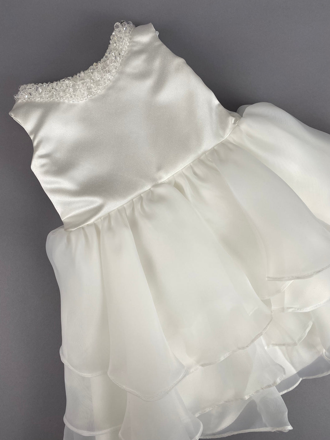 Dress 104 Girls Baptismal Christening  Sleeveless Satin Top Dress  with Crystal Neckline. Made  exclusively for Rosies Collections
