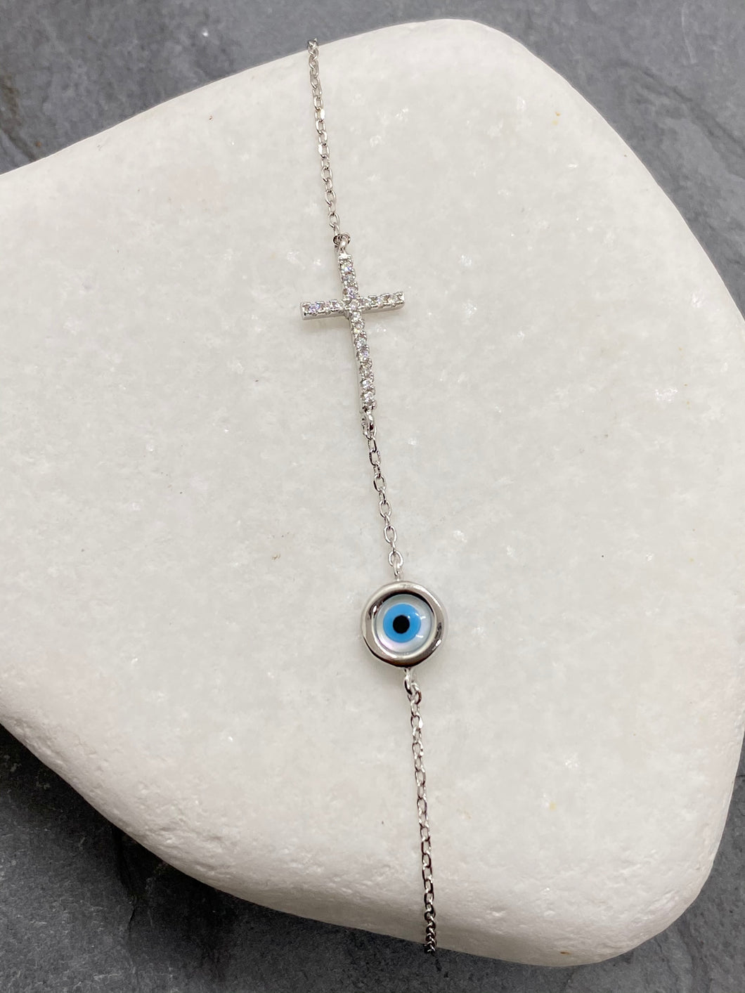 925” Sterling Silver Evil Eye Mati with Rhinestone Cross Bracelet SB20