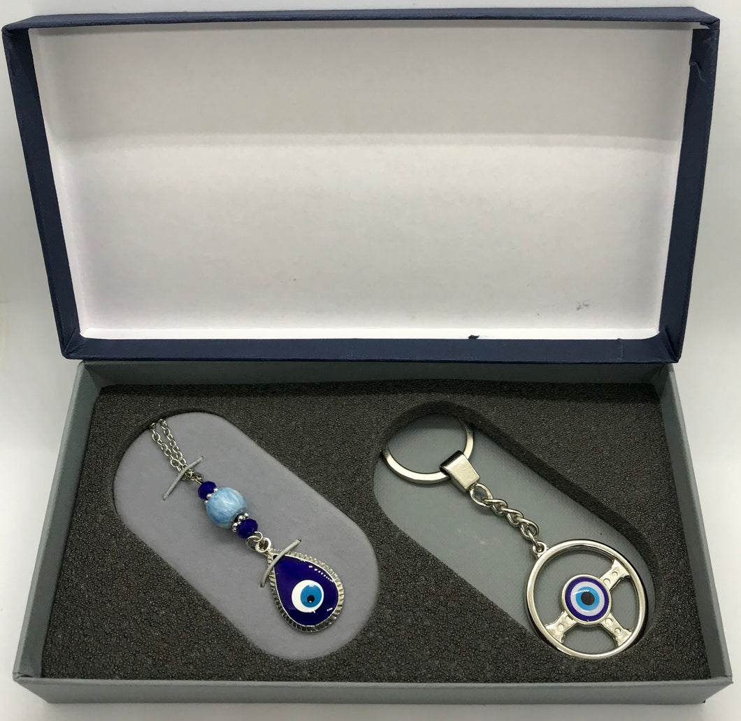 Gift Box Set 9 Steering Wheel With May Keychain and Hanging Mati Evil Eye Pendant