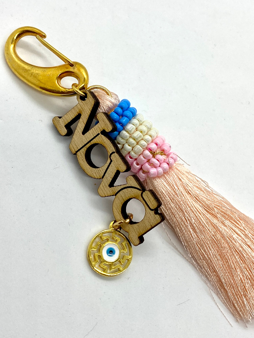Wooden Nona with Mati Charm and Beaded Tassel Keychain